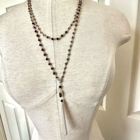 Silver tone double chain  tassel necklace - Picture 1 of 12
